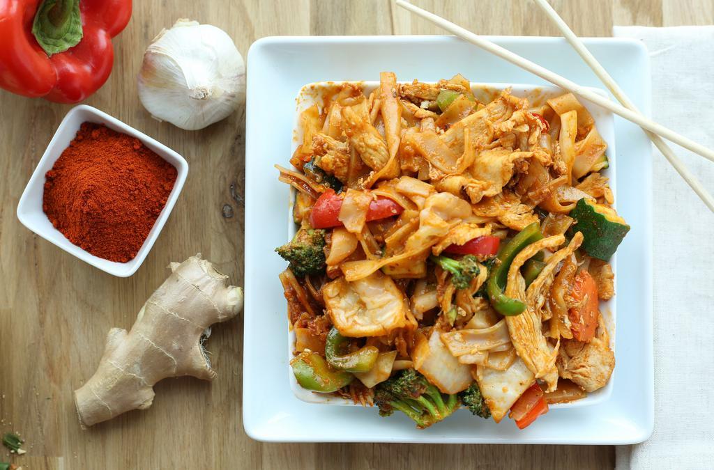 Pad Kee Mow (Drunken Noodles) · Medium spicy. Stir fried large rice noodle, mixed vegetable, egg & Thai basil & spice.