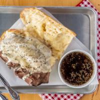 French Dip · THINLY SLICED ROAST BEEF TOPPED WITH PROVOLONE CHEESE AND HORSERADISH MAYONNAISE, SERVED WIT...