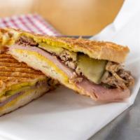 Cuban · PRESSED SANDWICH WITH HAM, MOJO PULLED PORK, PICKLES, SPICY MUSTARD, AND SWISS