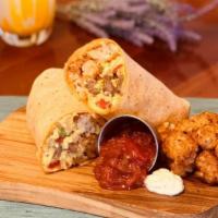 Breakfast Burritos · All burritos made with three large eggs, you choice of meat, veggies, and cheese with tater ...