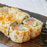 Wasatch Roll · Salmon, yellowtail and cucumbers topped with tobiko and spicy sumo sauce.