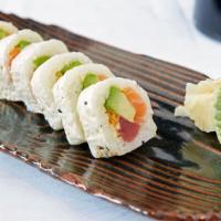 Rainbow Crunch Roll · Tuna, salmon, avocado, red onion, tempura crunchies and sumo sauce in soy paper with honey g...