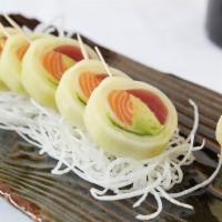 Sunomono Roll · Tuna, salmon and avocado wrapped in thinly sliced cucumber topped with ponzu sauce.