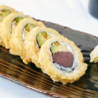Panko Popper Roll · Spicy tuna, jalapeño, avocado, lemon and cream cheese panko crusted and served with sweet ch...