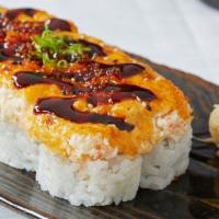 Bscr · Baked scallop California roll. California roll topped with baked scallops, spicy sumo sauce,...
