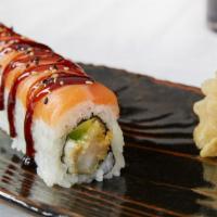 Samurai Roll · Tempura shrimp, avocado and cream cheese topped with salmon sashimi, sweet sauce and sesame ...
