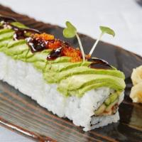 Caterpillar Roll · Unagi and cucumber topped with avocado, tobiko sweet sauce and sesame seeds.