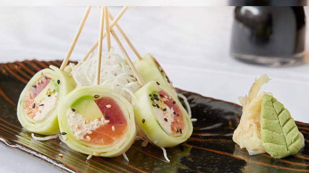 Lollipop Roll · Tuna, salmon, crab and avocado wrapped in thinly sliced cucumber with ponzu sauce.