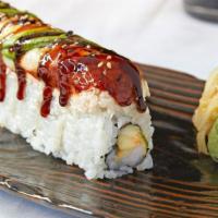 Mia Roll · Tempura shrimp, cucumber and sumo sauce topped with crab salad, freshwater eel, avocado and ...