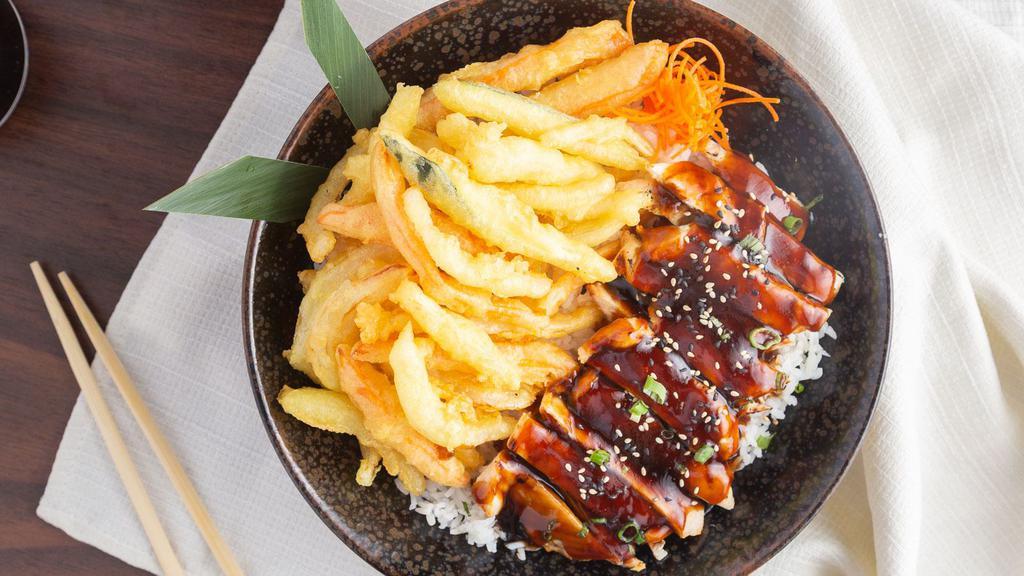 Teriyaki Chicken · Tender grilled chicken breast and our delicious teriyaki sauce served with steamed veggies and choice of tempura veggies or stir fry veggies.