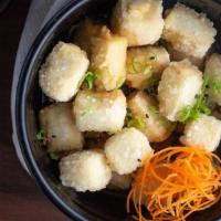 Agedashi Tofu · Flash seared tofu with green onions and bonito flakes served with tempura sauce.