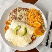 Enchiladas Blancas · two enchiladas stuffed with your choice of filling, topped with our famous blanca sauce, avo...