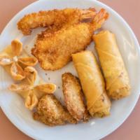 Appetizer Sampler · Two egg rolls, two crab meat cheese fried wontons, two fantail shrimps, two chicken wings.