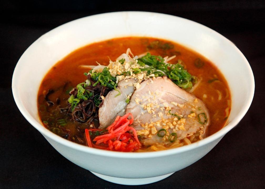 Spicy Miso Men · Chashu, bean sprouts, spinach, scallions & soft boiled half egg in spicy miso broth over ramen