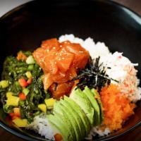 Poke Salmon Bowl · Poke salmon, seaweed salad, avocado, crab meat over rice with shoyu classic sauce