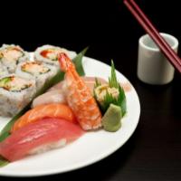 Ginza · 5 pc of nigiri sushi, tuna, salmon, yellowtail, shrimp, albacore tuna and lunch California r...