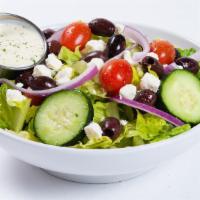 Mediterranean · Choose from fresh cut romaine lettuce or mixed greens, with cucumbers, sliced red onions, ka...