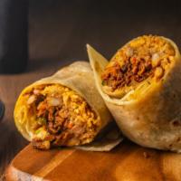 The Exchange Student Burrito · A multicultural combination of Spanish rice, beans, pastor, cilantro, onions, guacamole, and...