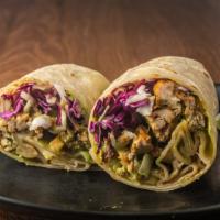 The Sorority Burrito · Grilled chicken, cabbage, Pico de Gallo, guacamole, our cilantro lime dressing light, and fr...