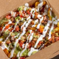 Amped Fries (Asada Fries) · Our version of Carne Asada fries for when the studying takes longer