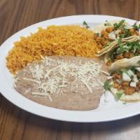 3 Taco Combo · 3 tacos with your choice at meat &  rice and beans on the side