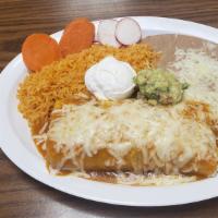 Burrito Plate · Burrito coved in red sauce & cheese with your choice of meat. includes a side of rice and be...