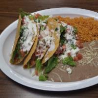 3 Hard Shell Tacos · 3 Hard shell tacos with your choice of meat with tomatoes, sour cream & cheese . includes ri...