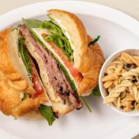 Bistro Beef · Oven roasted bottom beef round, thick sliced bacon, provolone cheese, spinach, thin sliced r...