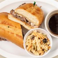 Best Ever French Dip · Grilled sliced oven roasted bottom beef round, melted Swiss cheese and mayo on butter grille...