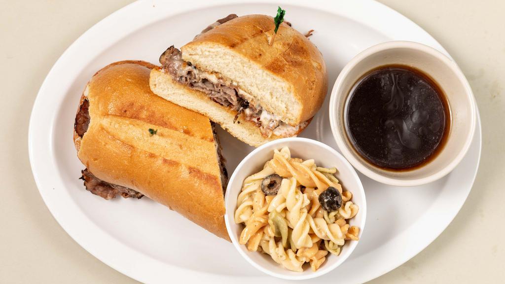 Best Ever French Dip · Grilled sliced oven roasted bottom beef round, melted Swiss cheese and mayo on butter grilled hoagie with side of warm au jus.