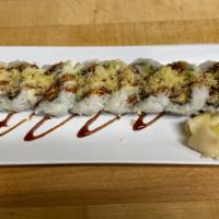 Big  Shrimp Tempura Roll (10 Pieces)  · (Two shrimp tempura, crab, avocado, cucumber with sauce crunch).