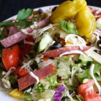 Small Antipasto Salad · Capicola ham, Genoa salami, pepperoni, roma tomatoes, cucumbers, mixed bell peppers, peppero...