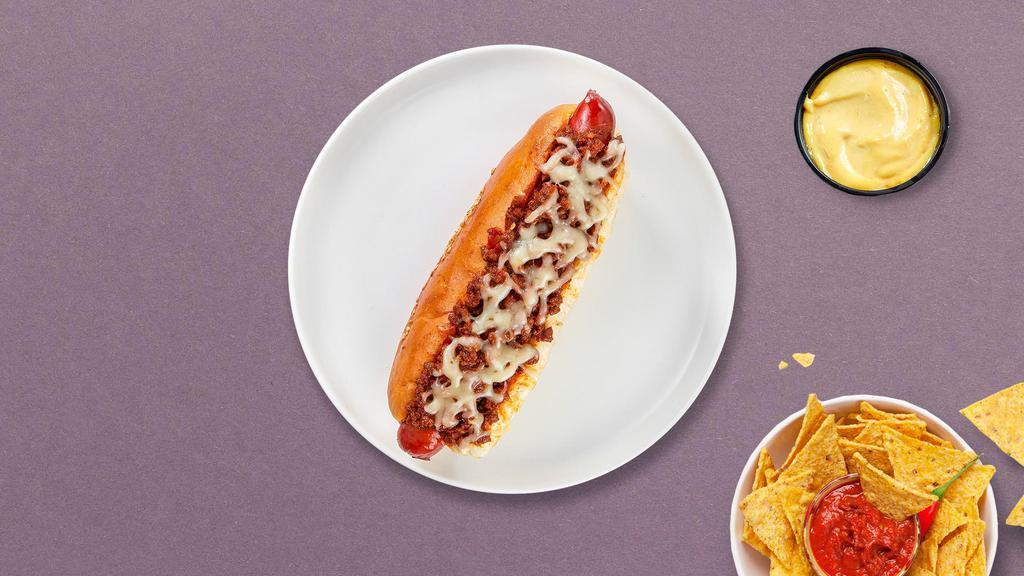 Say Cheese Chili Vegan Dog · Vegan hot dog topped with vegan chili and your choice of cheese on a toasted hot dog bun.