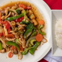 Pad Ruam Mit · Everything mixed together. Stir-fried assorted vegetables in a savory house sauce.
