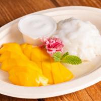 Sweet Sticky Rice With Fresh Mango (Seasonal) · Thai sticky rice, coconut milk, pandan, fresh mango, coconut cream sauce