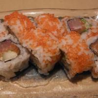 Samurai* · Spicy yellowtail, salmon, scallions, and cucumber. 
Rolled in tobikko (fish eggs)