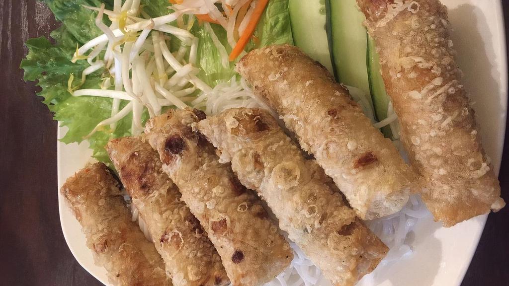 Traditional Vietnamese Egg Rolls (Cha Gio) · Vietnamese rice paper wrapped with a combination of pork, mushroom, carrot and onion deep fried serves with fish sauce.