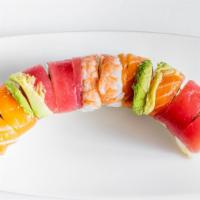 Rainbow · Inside: Crabmeat & avocado. Outside: Blue fin Tuna, Atlantic salmon, Yellow tail, avocado & ...