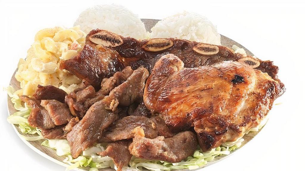 Hawaiian Bbq Mix · BBQ Chicken, BBQ Beef and Kalbi Short ribs. A meat lover's favorite.