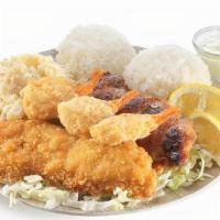 Seafood Mix · Crispy shrimp or tempura shrimp, Island White Fish and BBQ Chicken.