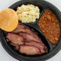 Sliced Brisket Plate · Mesquite smoked sliced brisket. Includes two sides and a roll.
Our house made BBQ sauce serv...