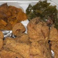 Fried Chicken Dinner · Southern fried chicken served with a choice of two sides and cornbread or a dinner roll.