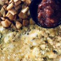 Southwest Scramble · Three Eggs scrambled with Chorizo, Green Chiles, Jalapenos, Onions, and Jack & Cheddar Chees...