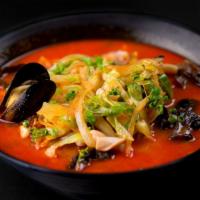 Spicy Seafood Champong (삼선짬뽕) · Noodle in a spicy seafood and vegetable soup (crab, shrimp, mussel).