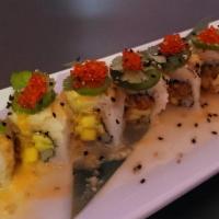 House On Fire  · In: Spicy Tuna, Cucumber, Avocado
Top: Seared Spicy Crab mayo, Jalapeno, Tobiko 
Sauce: Spic...
