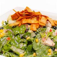 Southwestern Chicken Salad · Chopped romaine, grilled or crispy chicken, diced tomatoes, sliced red onions, sweet corn, b...