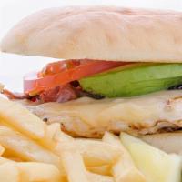 Grilled Chicken Sandwich · Grilled chicken breast, Applewood smoked bacon, melted Swiss cheese, fresh avocado, romaine ...