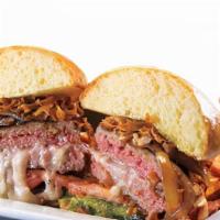 The Cure · Hand crafted burger: ground beef and pork blend stuffed with Fontina cheese topped with soy ...