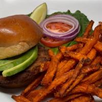 Veggie Burger · A grilled patty, lettuce, tomato, and avocado on a fresh toasted bun