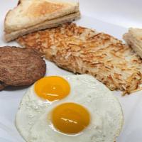 Sausage Patty & Eggs · 2 Sausage Patties & 2 Eggs; served with hash browns * choice of toast